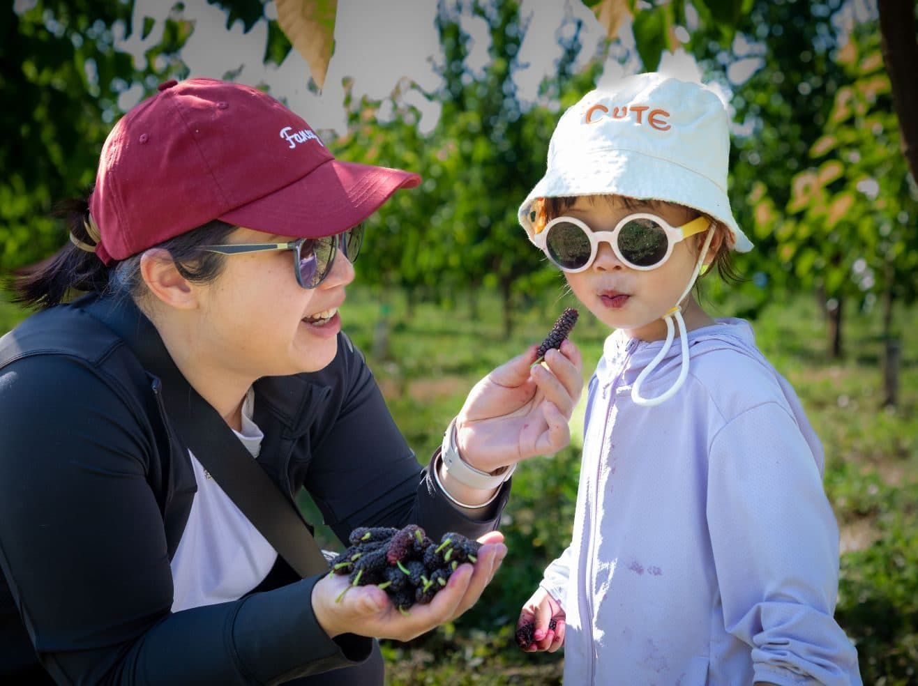 Una mamá le ofrece una mora a una niña pequeña con lentes de sol redondos y un sombrero de pescador blanco