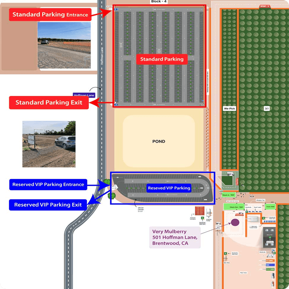 Mapa de la granja Very Mulberry mostrando el estacionamiento estándar, el estacionamiento VIP y el registro