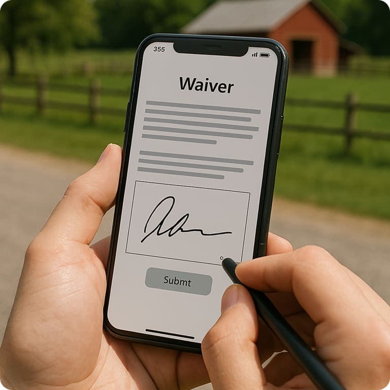 Visitante firmando una exención de la granja en un teléfono móvil