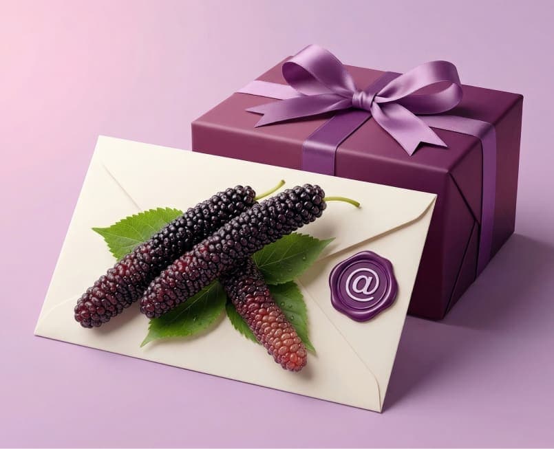 Purple gift box and cream envelope of Himalayan mulberries sealed with an @ wax stamp, Brentwood, CA