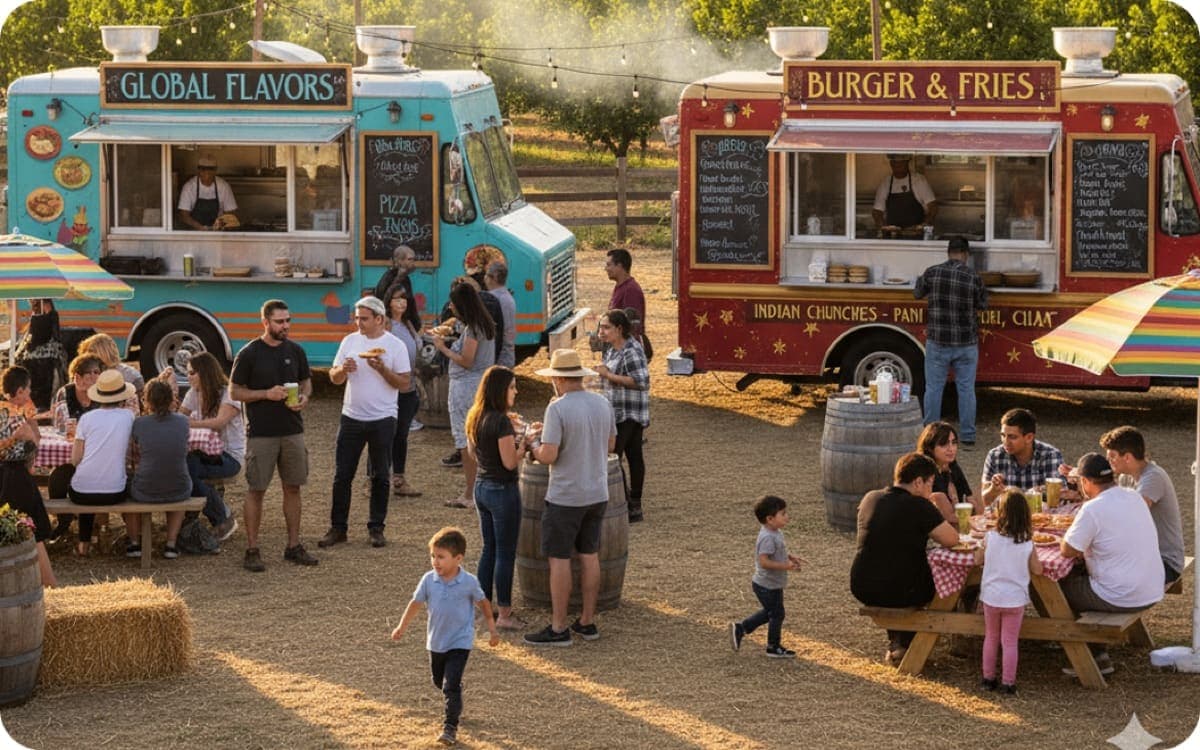 Dos food trucks, Global Flavors y Burger & Fries, atendiendo a los visitantes en mesas de picnic durante un evento de la granja
