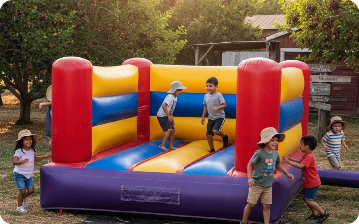 Niños jugando en un colorido castillo inflable cerca del huerto y el granero durante un evento de la granja