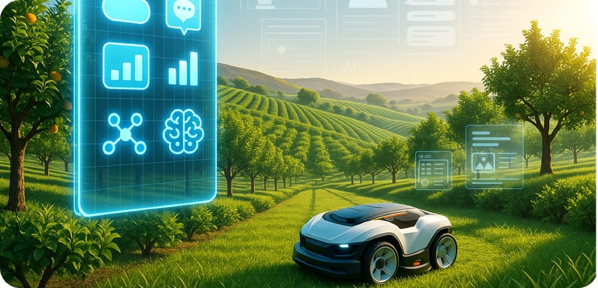 Ilustración de un vehículo agrícola robótico en un huerto junto a una pantalla holográfica de datos