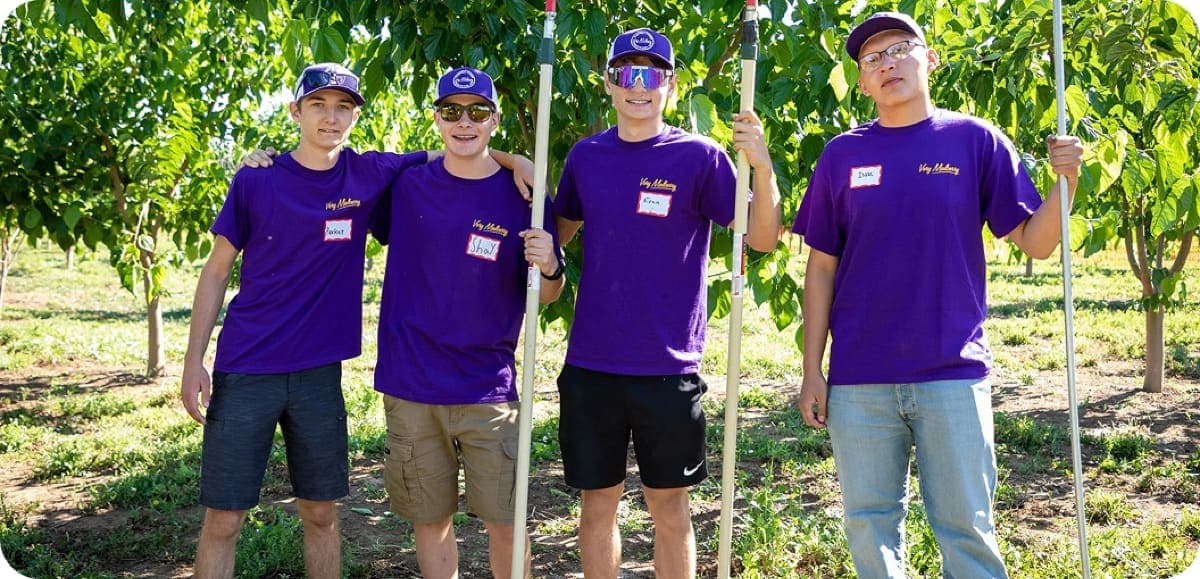 Cuatro empleados con camisetas moradas a juego de Very Mulberry, de pie juntos en el huerto sosteniendo varas de cosecha