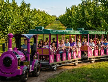 Familias a bordo del tren morado Very Mulberry Express en el huerto