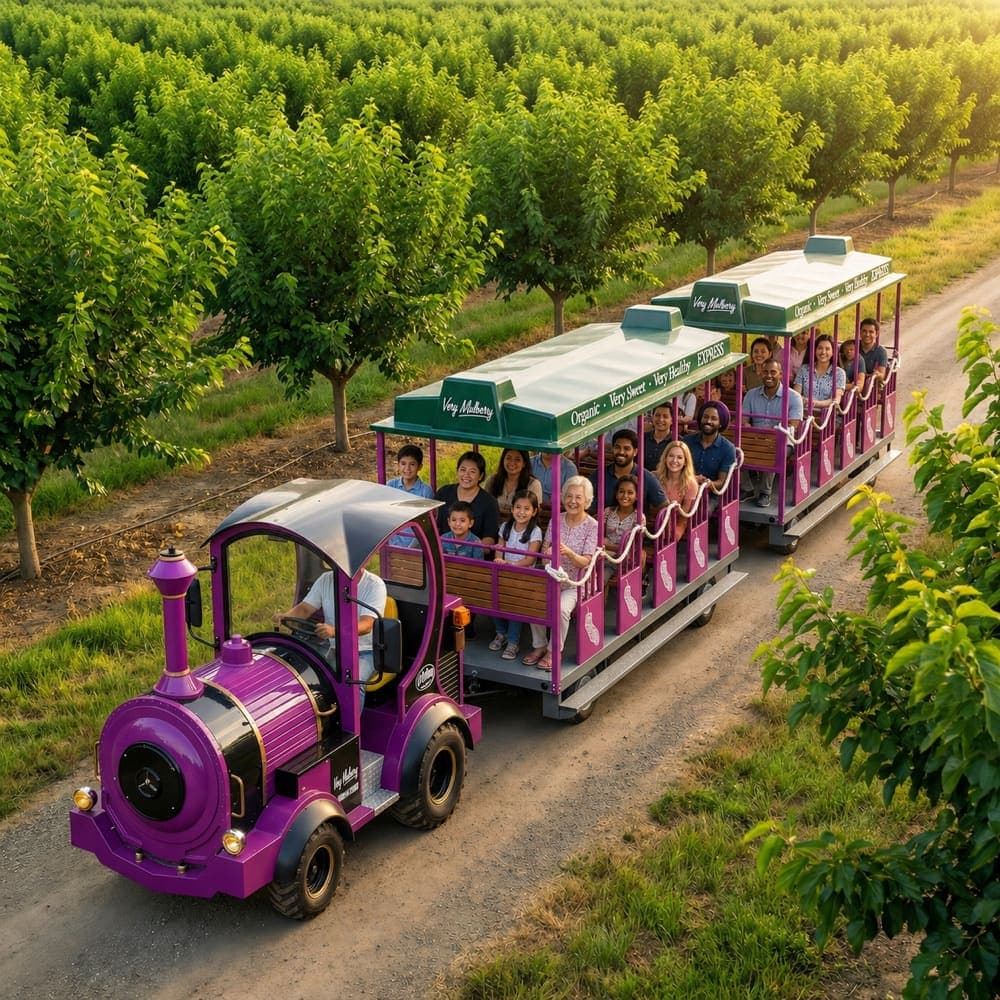 Фиолетовый поезд Very Mulberry Express везёт посетителей через сад